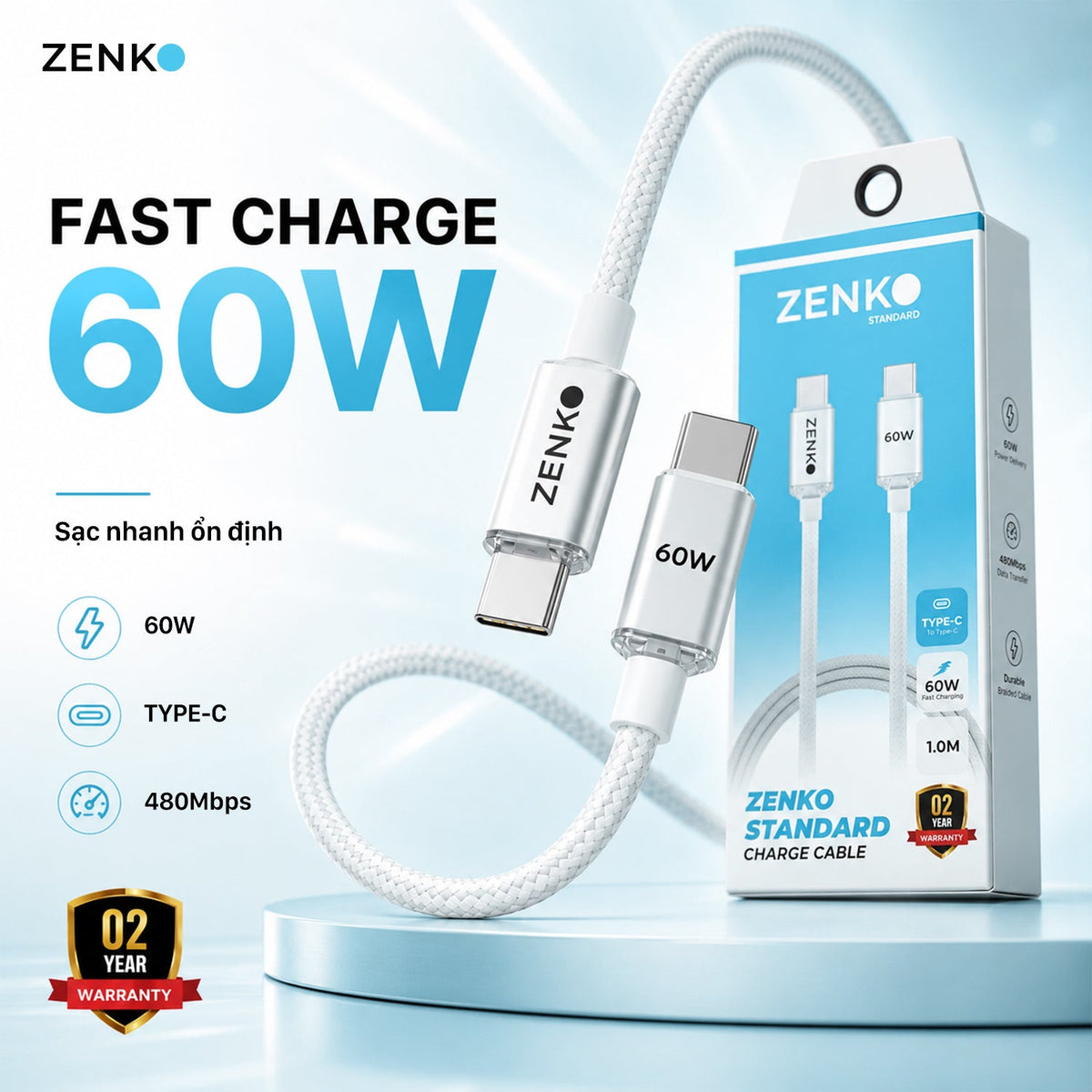 Cáp sạc nhanh Zenko Standard 60W - Type-C to Type-C