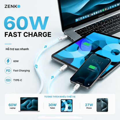 Cáp sạc nhanh Zenko Standard 60W - Type-C to Type-C