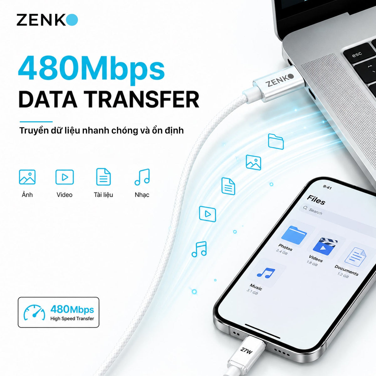 Cáp sạc nhanh Zenko Standard 27W - Type-C to Lightning