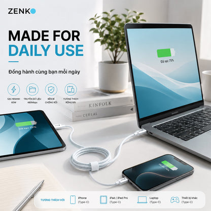 Cáp sạc nhanh Zenko Standard 60W - Type-C to Type-C