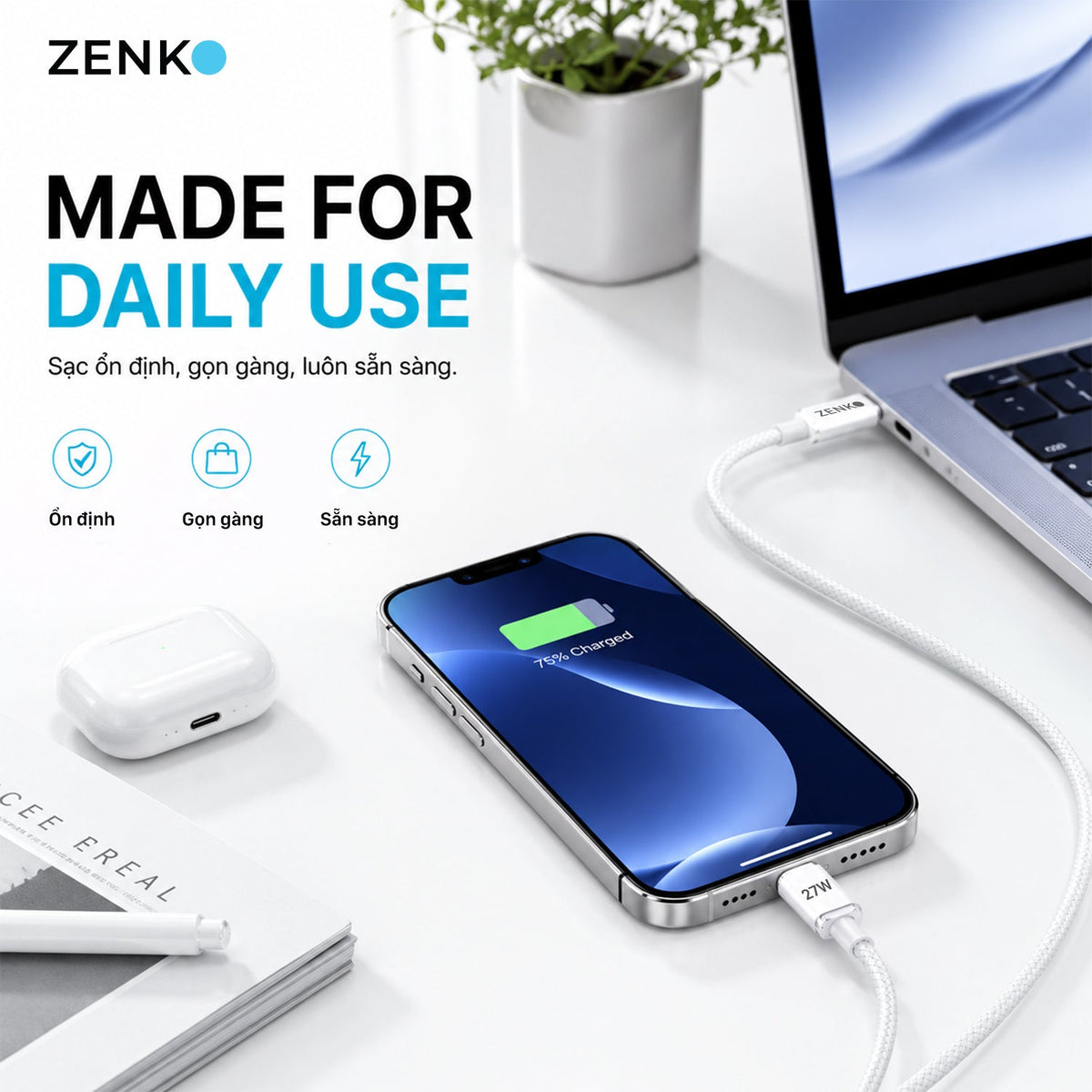 Cáp sạc nhanh Zenko Standard 27W - Type-C to Lightning